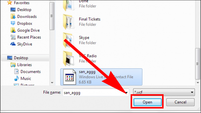 Nhấn Open để khôi phục lại danh bạ của bạn